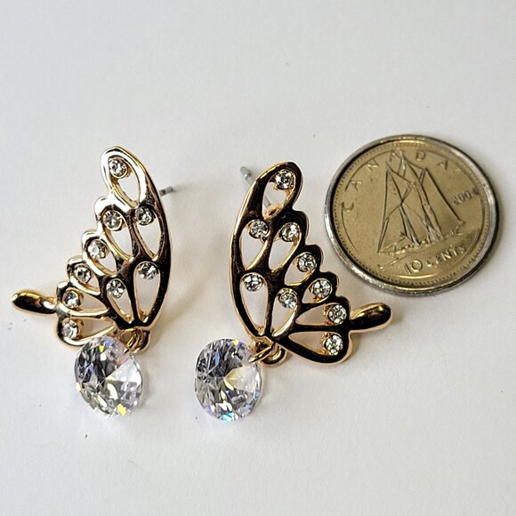 Gold Butterfly Wing Crystal Earrings Small Butterfly Filigree Wing Earrings - Picture 5 of 7